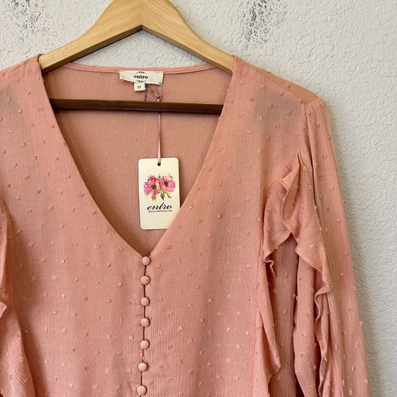 NWT ENTRO Ruffled Long Sleeve Tie Front V-Neck Blouse Top in Peach - Picture 2 of 9